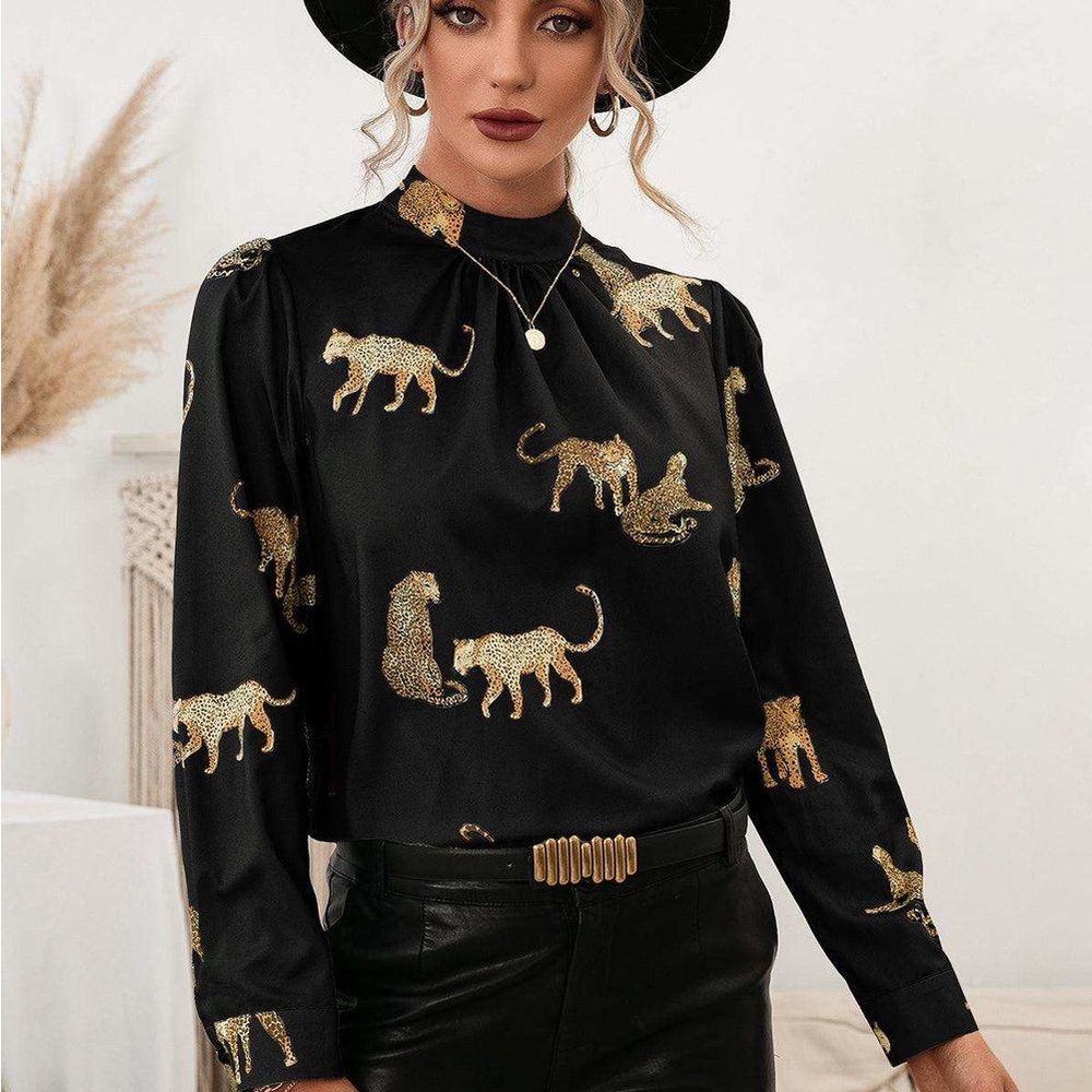 Luxury Designer Tara Jarmon Navy and Gold Animal Print Blouse